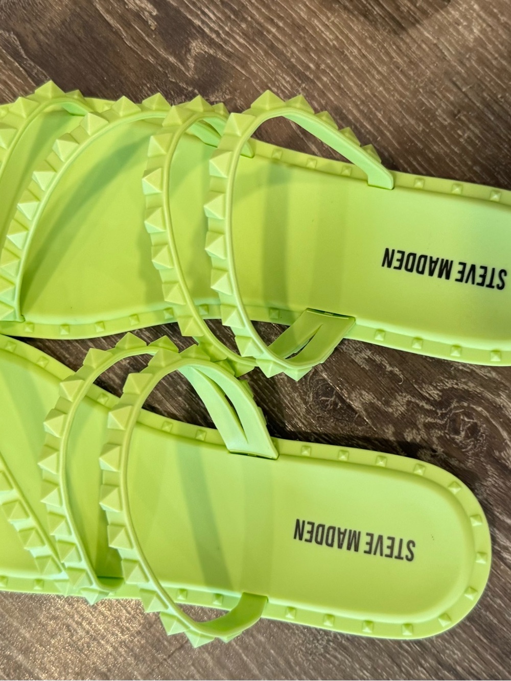 Steve Madden Neon Lime Studded Triple-Strap Slide Sandals